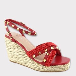 Nature Breeze TALLY Red Pyramid Stud Criss-cross Wedge Sandal Espadrille